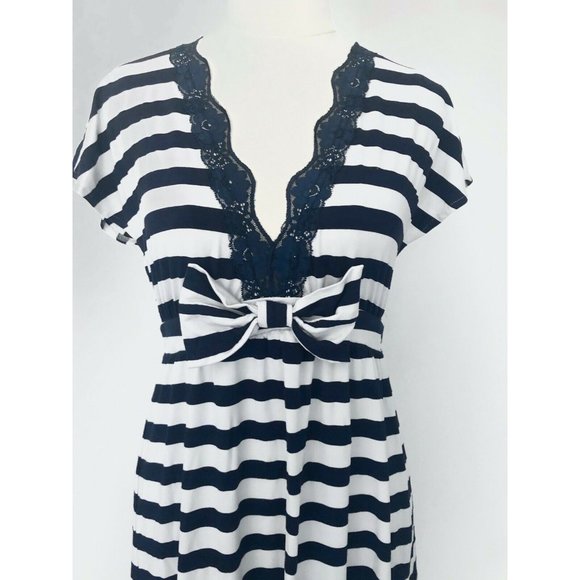 CHERRIE Striped Lace Detail V Neck Bow Mini Dress Tunic S 8 Cute Summer - Picture 3 of 4